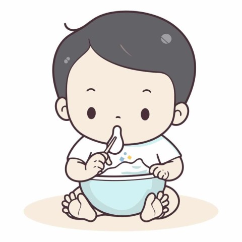 Illustration of a Baby Boy Eating a Bowl of Baby Food.