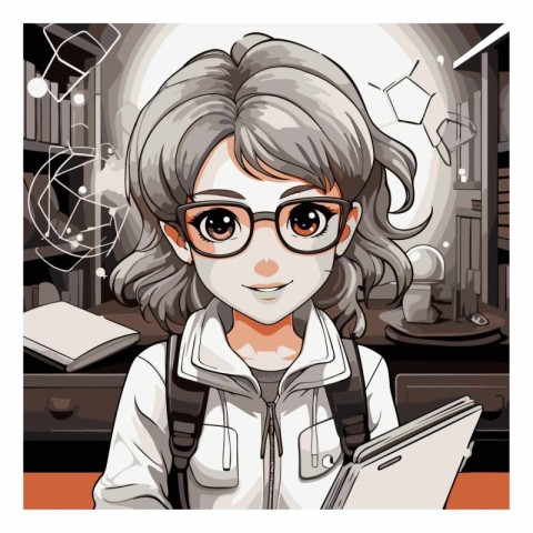 Vector illustration of a cute girl with glasses and a book in he