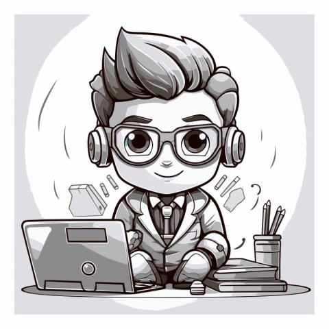 Vector illustration of a boy in glasses with a laptop and headph