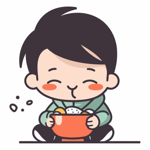 Cute little boy eating a bowl of rice.