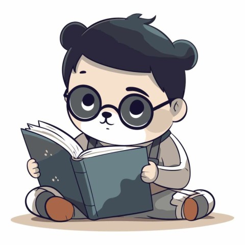 cute little boy reading a book with glasses. vector cartoon illu