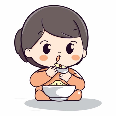 Illustration of a Cute Girl Eating a Bowl of Pasta