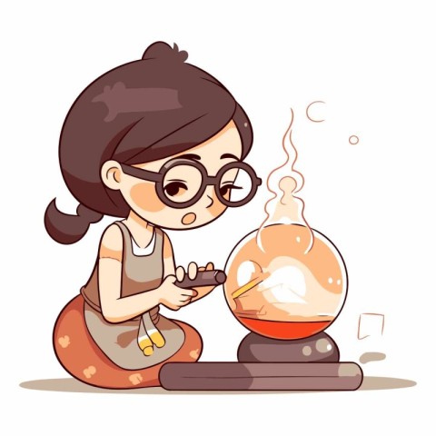 Girl making a magic potion in a glass jar. Cartoon vector illust