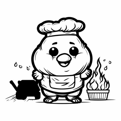 Cartoon chef with a bucket of flour and a cake.