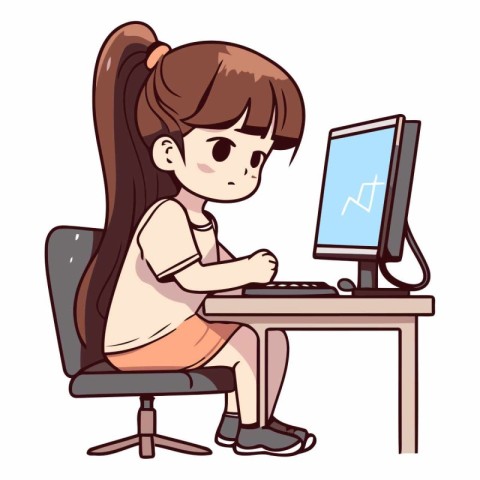 Illustration of a Cute Girl Sitting at Her Desk and Working on a