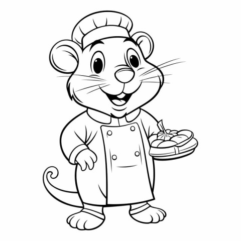 Black and White Cartoon Illustration of Rat Chef Character for C