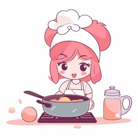 Cute cartoon chef girl cooking in the kitchen.