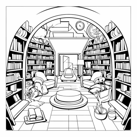 Interior of a library. Black and white illustration for coloring