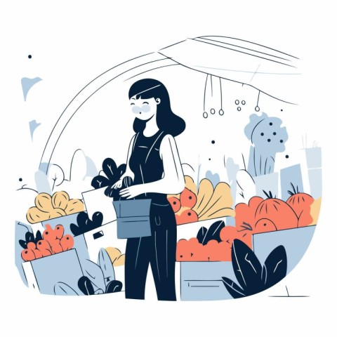 Vector illustration of a woman selling vegetables in the market.