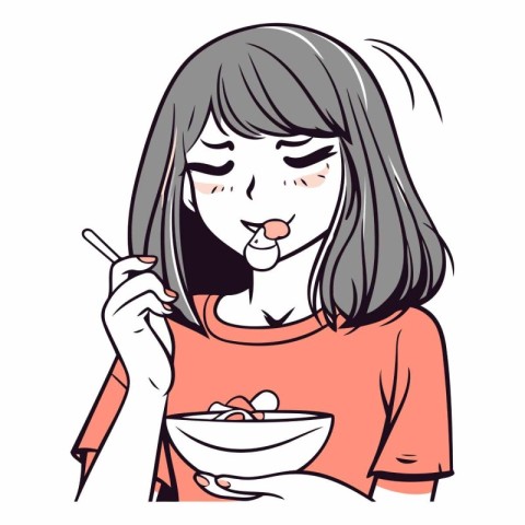 Illustration of a young woman eating a bowl of chinese food