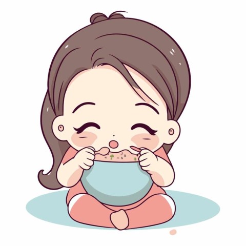 Illustration of a Cute Little Girl Eating a Cereal Bowl