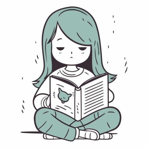 Little girl reading a book in doodle style.