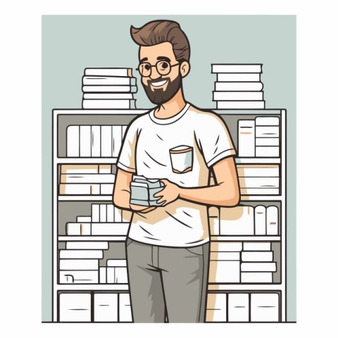 Young man standing at the shelf with books in cartoon style.