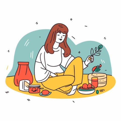 Vector illustration of a young woman sitting on the floor and ea