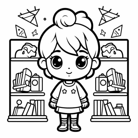 Black and White Cartoon Illustration of Cute Little Girl with Bo