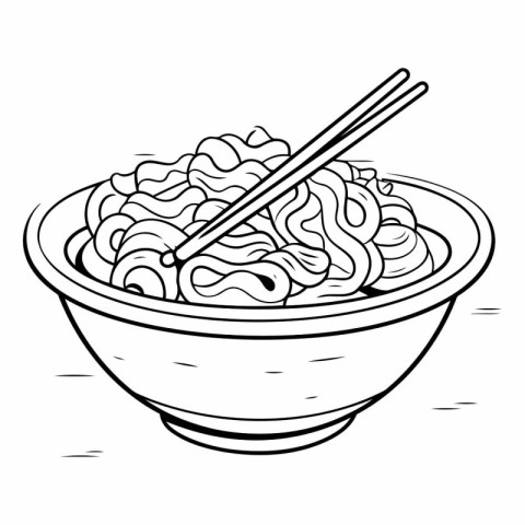 Illustration of a bowl of noodles with chopsticks on a white bac