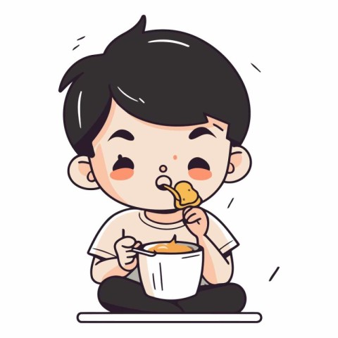 Cute little boy eating a bowl of soup.