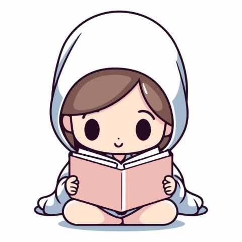 Little girl reading a book. Cute cartoon character vector illust