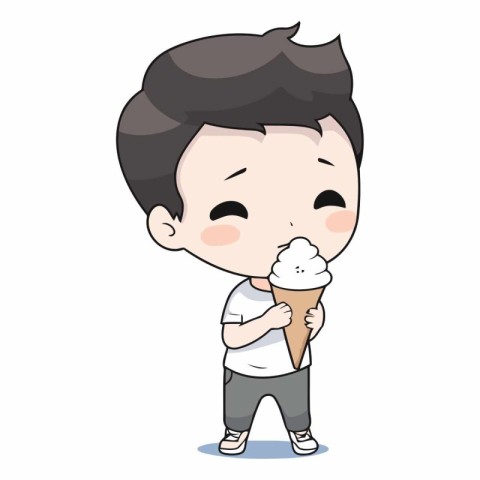 Cute boy eating ice cream cartoon vector illustration. Cute boy