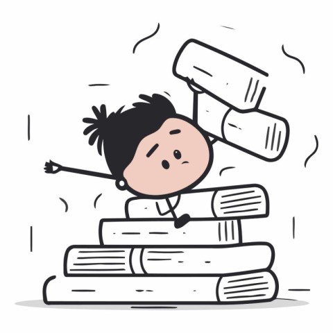 Boy on pile of books in doodle style.