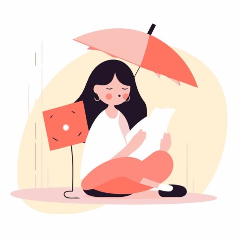 Young woman sitting under an umbrella and reading a book. Flat v