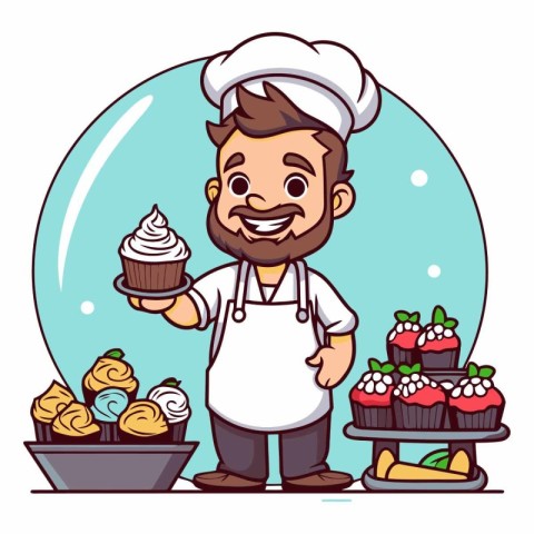 Chef with cupcakes in a cartoon style.