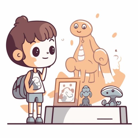 Boy and girl playing in a museum in cartoon style.