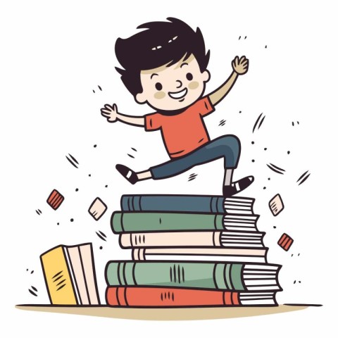 Boy jumping on pile of books in cartoon style.