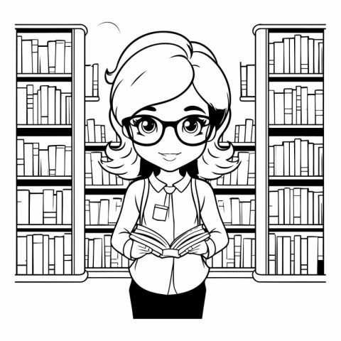 cute little student girl in the library cartoon vector illustrat