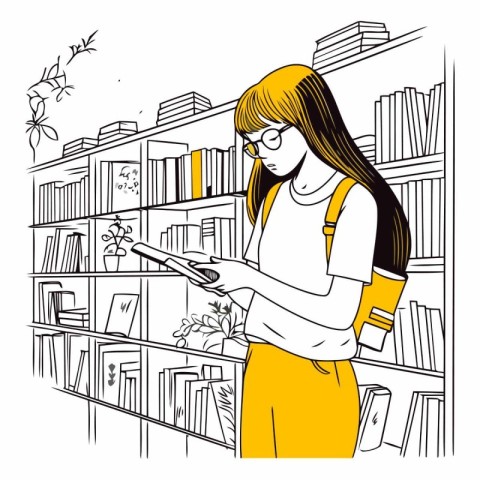 Young woman reading a book in the library in line art style.