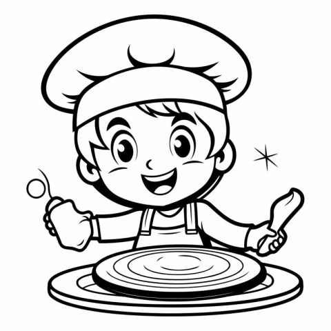 Black and White Cartoon Illustration of Little Boy Chef for Colo