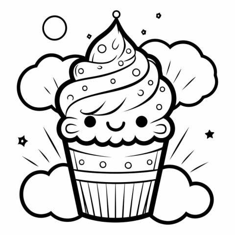 Cupcake with clouds and stars in black and white.