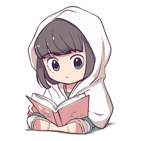 Illustration of a Cute Little Girl Reading a Book on a White Bac