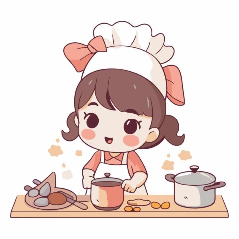 Illustration of a Cute Little Girl Cooking in the Kitchen.