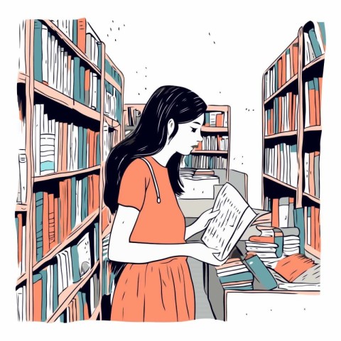 Vector illustration of a young woman reading a book in the libra