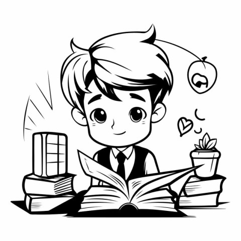 Boy reading a book - Black and White Cartoon Illustration. Vecto