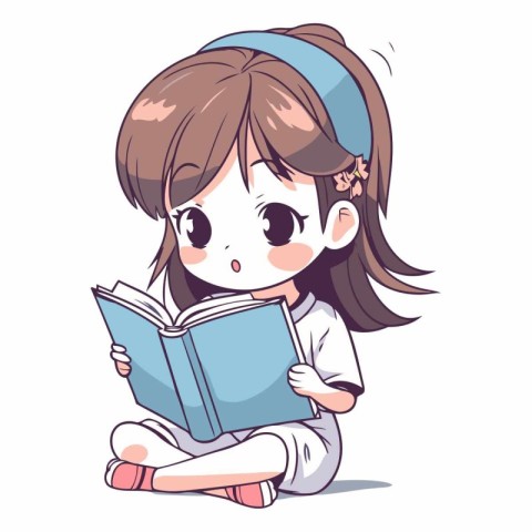 Illustration of a Cute Little Girl Sitting and Reading a Book