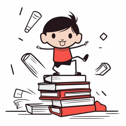 Cartoon schoolboy jumping on pile of books.