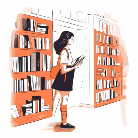 Vector illustration of a girl standing in front of bookshelf and