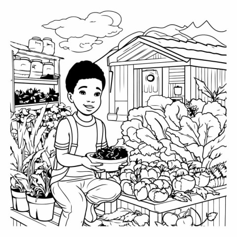 Teenager boy with vegetables in the garden cartoon vector illust