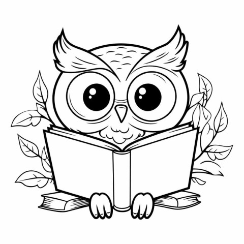 Owl reading book. Black and white illustration for coloring book