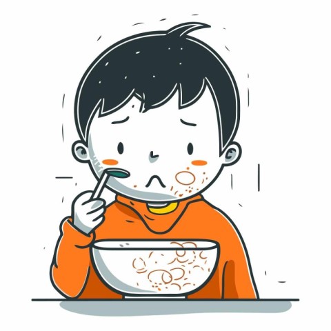 Illustration of a boy eating a bowl of cereals. Vector.