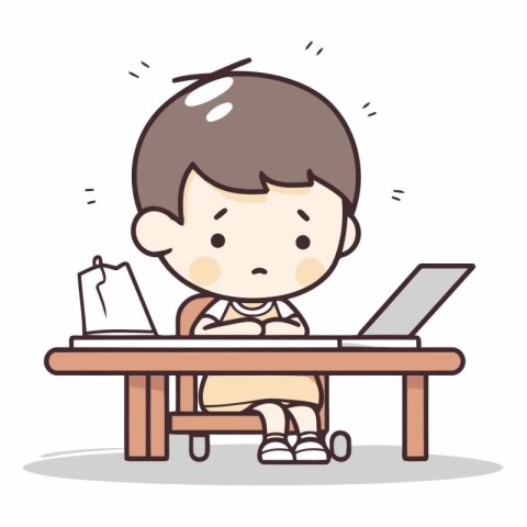 Cute boy sitting at table and working on laptop cartoon vector i