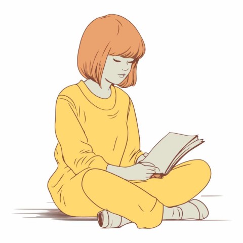 Vector illustration of a young woman reading a book sitting on t