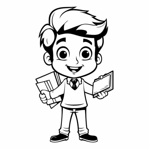 Cute Boy Student with Books - Black and White Cartoon Illustrati
