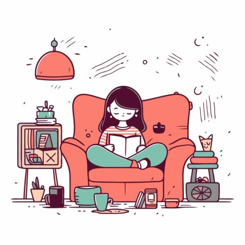 Girl reading a book in the living room in sketch style.