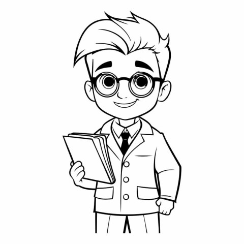 cute boy with glasses and a book in black and white