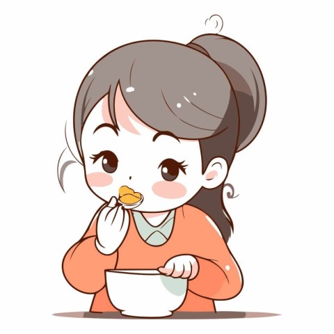 Illustration of a cute little girl eating a bowl of soup.