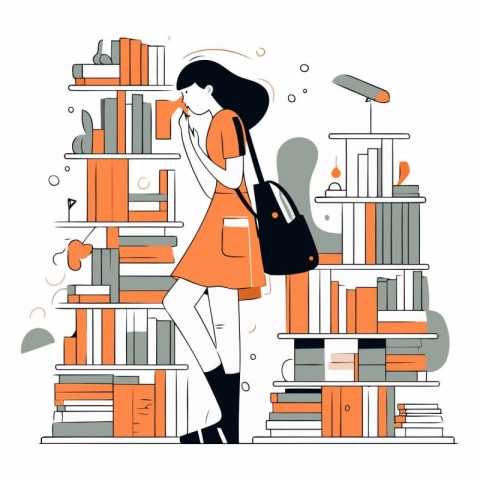 Vector illustration of a girl standing near the bookshelf with b