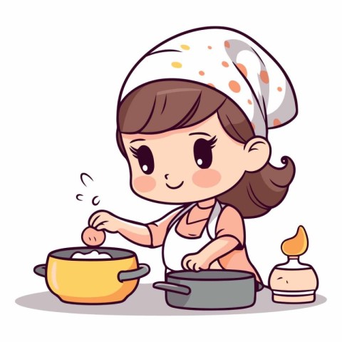 Cute little girl cooking food in the kitchen.